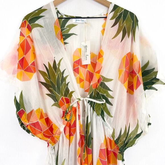 NEW Women's Pineapple Print Swim Coverup Cotton Duster Cardigan Lightweight M - Picture 3 of 8
